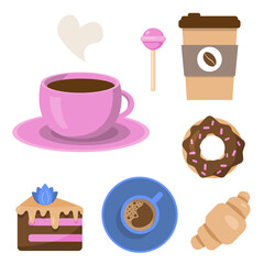 Set of different coffee cups and desserts. Pink cup of coffee, above view and coffee to go. Croissant, piece of cake, donut and lollipop. Vector illustration in cartoon flat style. 