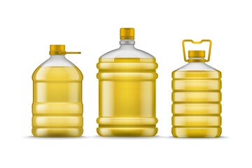Vegetable bottle oil. Different packaging plastic full bottles. Realistic huge transparent containers for liquid. 3D package for branding, cooking organic ingredient, vector isolated set