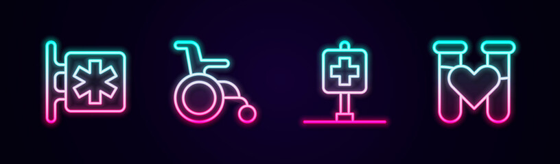 Set line Emergency - Star of Life, Wheelchair for disabled person, Location hospital and Test tube with blood. Glowing neon icon. Vector