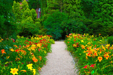 A picturesque view of the flower beds in the garden.
