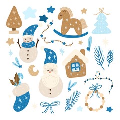 Vector cute cartoon christmas elements Santa Claus and snowman, house and toy horse.