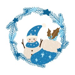 Vector cute cartoon christmas elements Santa Claus and snowman, house and toy horse. Hand drawing New Year.