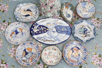 Gzhel, russian ware. Table setting, traditonal national russian folk handicraft: gzhel. Gzhel plate, ware with gzhel painting by Stirada. Russian craft ware. Art