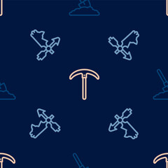 Set line Shovel in the ground, Rooster weather vane and Pickaxe on seamless pattern. Vector