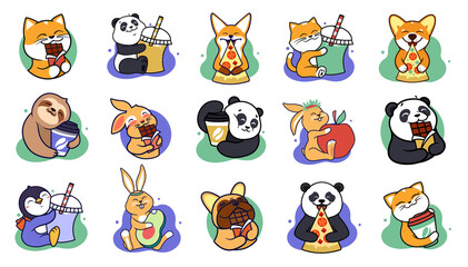 The set of stickers animals hugging food. The cartoon sloth, bunny, fox, cat, panda, dog love eating and drinking is good for logo designs. The big collection is in a vector illustration