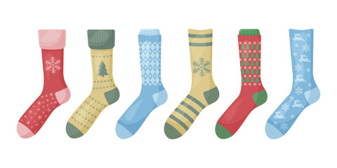 A bright set with the image of Christmas warm socks in various colors and with different patterns. Warm socks with a print of snowflakes and Christmas trees. Cartoon-style socks. Vector illustration