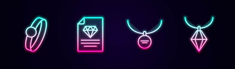 Set line Diamond engagement ring, Certificate of the diamond, Locket necklace and Pendant. Glowing neon icon. Vector