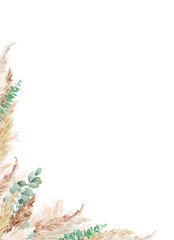 Watercolor pampas grass and eucalyptus  set. Hand painted boho floral neutral colors, sage green border, frame. Botanical elements isolated on white. Bohemian style wedding invitation, greeting, card