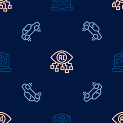 Set line Computer vision, Fantastic flying car and on seamless pattern. Vector