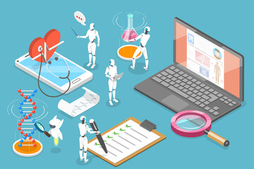 Fototapeta premium 3D Isometric Flat Vector Conceptual Illustration of AI In Healthcare, Hi-tech Innovative Technologies