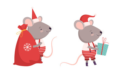 Obraz na płótnie Canvas Cute Grey Mouse in Christmas Santa Hat Holding Sack with Present and Gift Box Vector Set