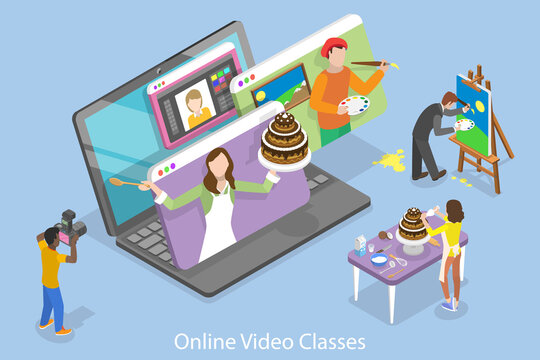 3D Isometric Flat Vector Conceptual Illustration of Online Video Classes, Professional Personal Teacher Service