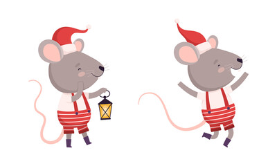 Cute Grey Mouse in Christmas Santa Hat Jumping with Joy and Carrying Lantern Vector Set