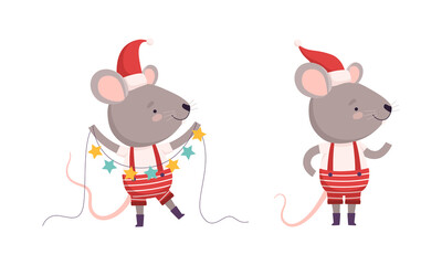 Cute Grey Mouse in Christmas Santa Hat Holding Garland and Standing Vector Set