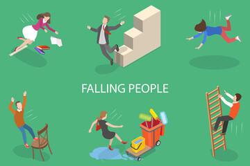 3D Isometric Flat Vector Conceptual Illustration of Falling Down People, Set of Traumatic Accidents