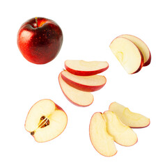 Collection of red apple, whole and slices isolated on white background.