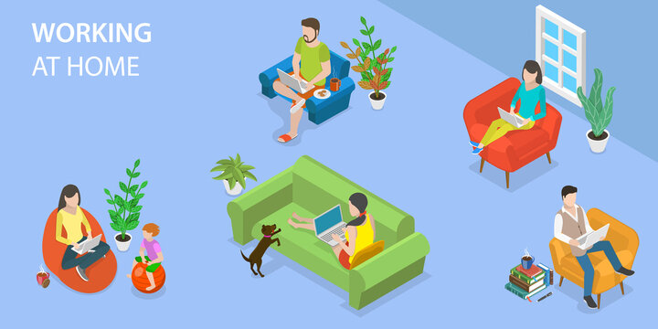 3D Isometric Flat Vector Conceptual Illustration of Working At Home, Domestic Freelance Workers in Comfortable Conditions