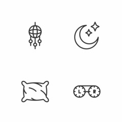 Set line Contact lens container, Pillow, Dream catcher with feathers and Moon and stars icon. Vector