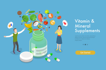 Fototapeta premium 3D Isometric Flat Vector Conceptual Illustration of Vitamin And Mineral Supplements, Healthy and Balanced Diet