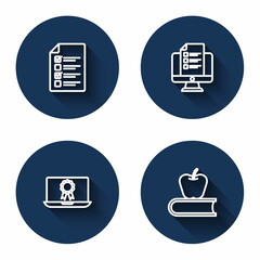 Set line Online quiz, test, survey, education with diploma and Book apple with long shadow. Blue circle button. Vector