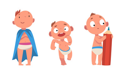 Funny Baby in Diaper Standing with Pencil and Wearing Cloak Vector Set