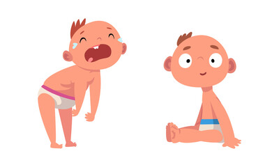 Funny Baby in Diaper Crying Out Loud and Sitting on Floor Vector Set