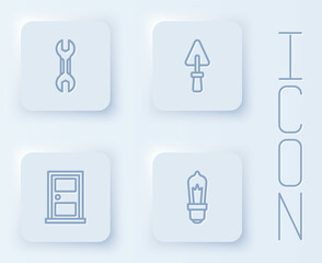 Set line Wrench spanner, Trowel, Closed door and Light bulb. White square button. Vector