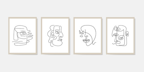 Collection of various human faces abstract shape. People sketch. Continuous line drawing abstract portraits of people. Modern art. Modular picture. For wall decor, home art. Vector illustration.