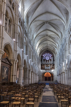 Interior of Laon Cathedral (Notre-Dame de Laon) - Catholic Cathedral, one of most important examples of Gothic architecture (XII and XIII centuries). Laon, Aisne, France. September 11, 2021.