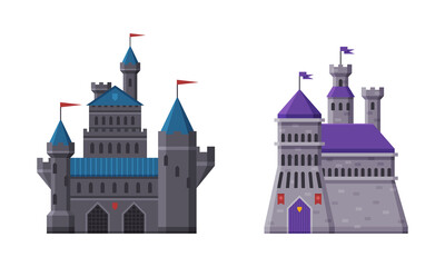 Obraz premium Medieval Castle with Tall Stone Tower and Flag on Top Roof Vector Set