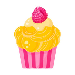 Cupcake or muffin with yellow cream and raspberry.