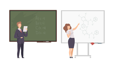 Teacher or University Professor Standing in Front of Chalkboard Explaining Lesson Vector Set