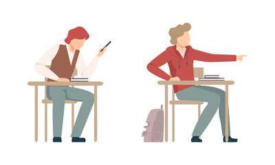 Boy Pupil or Student Sitting at School Desk with Smartphone at Lesson Vector Set