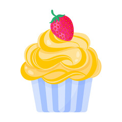 Cupcake or muffin with yellow cream and strawberry.
