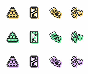 Set line Bingo, Billiard balls triangle, Air hockey table and Puzzle pieces toy icon. Vector