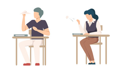 Bored Boy and Girl Pupil or Student Sitting at Desk Flying Paper Plane and Throwing Paper at Lesson Vector Set