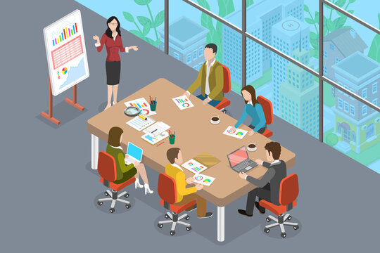 3D Isometric Flat Vector Conceptual Illustration of Boardroom, Business Concefence and Teamwork