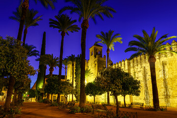 Night view of the Alcazar of Cordoba next to palm tree gardens. Andalusia Spain.