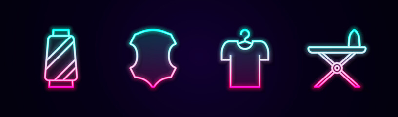 Set line Sewing thread on spool, Leather, T-shirt hanger and Electric iron and ironing board. Glowing neon icon. Vector