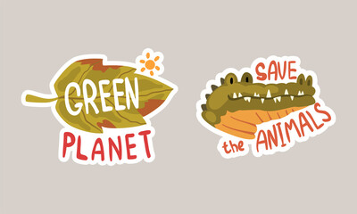 Go Green Sticker with Crocodile and Green Leaf Vector Set
