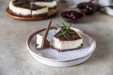 Piece of classic homemade cheesecake with dark chocolate topping and rosemary, concrete background.