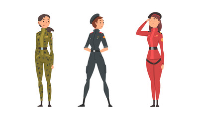 Young Woman Soldier or Officer in Combat Uniform Vector Set