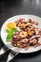 seafood salad fresh mix shrimp, squid, mussel, octopus, prawns meal snack on the table copy space food background 