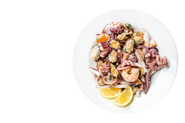 seafood salad fresh mix shrimp, squid, mussel, octopus, prawns meal snack on the table copy space food background 