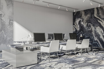White and marble office with workstations. Corner view.
