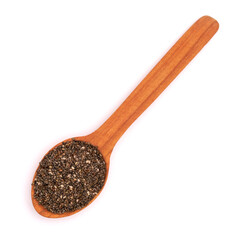 Wooden spoon of organic natural chia seeds close-up isolated