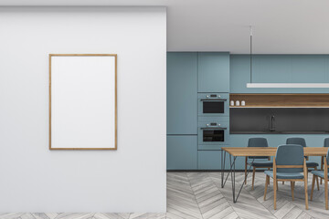 Obraz na płótnie Canvas Empty canvas on white wall and minimalist blue kitchenroom