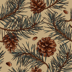 Naklejka premium Seamless ornament with cones and pine branches. Christmas pattern.