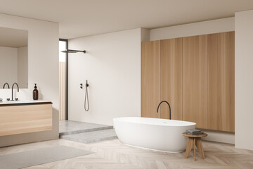 Fototapeta na wymiar Light bathroom interior with sink and mirror, tub and douche