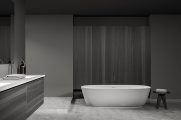 Naklejka na ściany i meble Dark bathroom interior with sink and mirror, tub and table